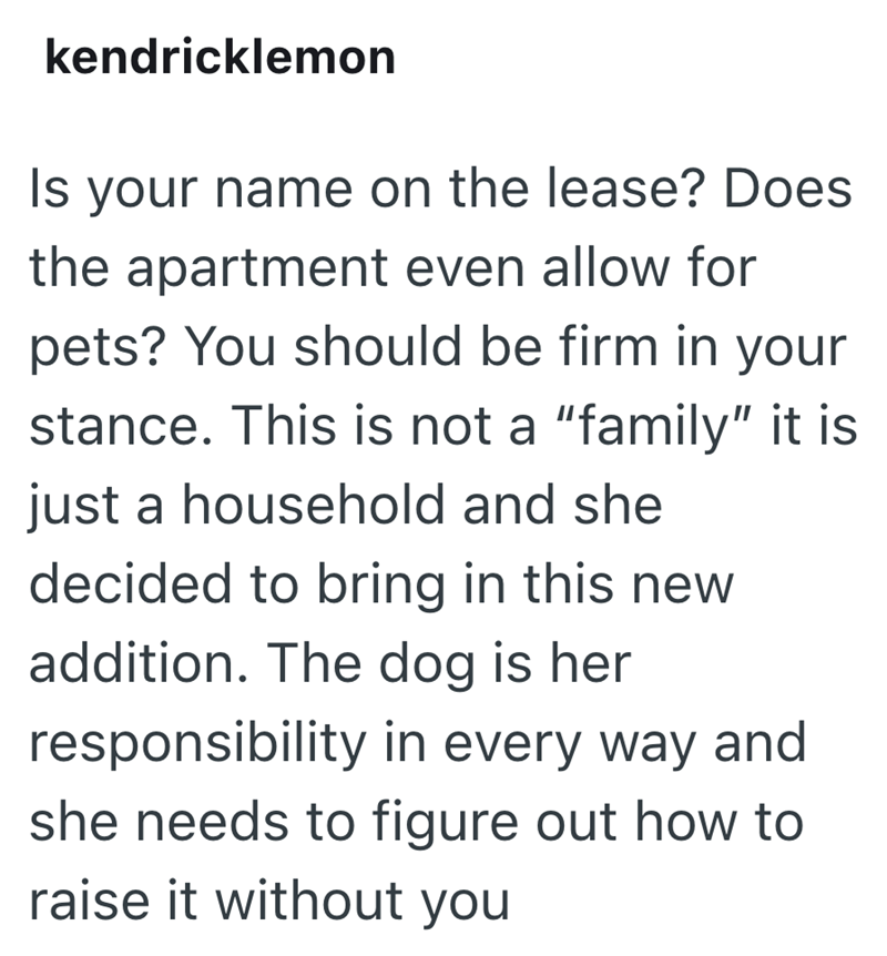 kendricklemon Is your name on the lease? Does the apartment even allow for pets? You should be firm in your stance. This is not a "family" it is just a household and she decided to bring in this new addition. The dog is her responsibility in every way and she needs to figure out how to raise it without you
