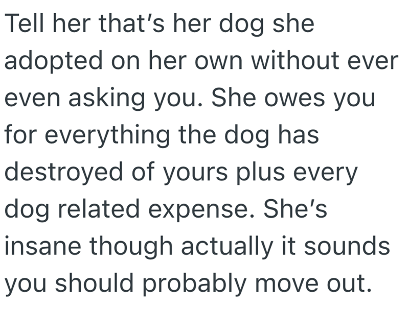 Tell her that's her dog she adopted on her own without ever even asking you. She owes you for everything the dog has destroyed of yours plus every dog related expense. She's insane though actually it sounds you should probably move out.