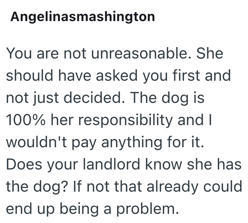 Angelinasmashington You are not unreasonable. She should have asked you first and not just decided. The dog is 100% her responsibility and I wouldn't pay anything for it. Does your landlord know she has the dog? If not that already could end up being a problem.