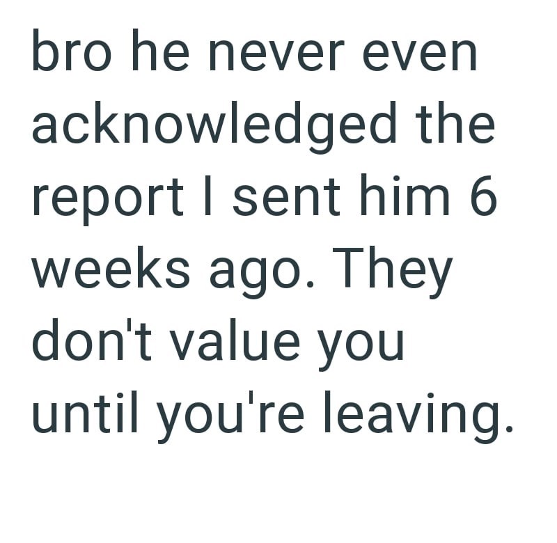 bro he never even acknowledged the report I sent him 6 weeks ago. They don't value you until you're leaving.