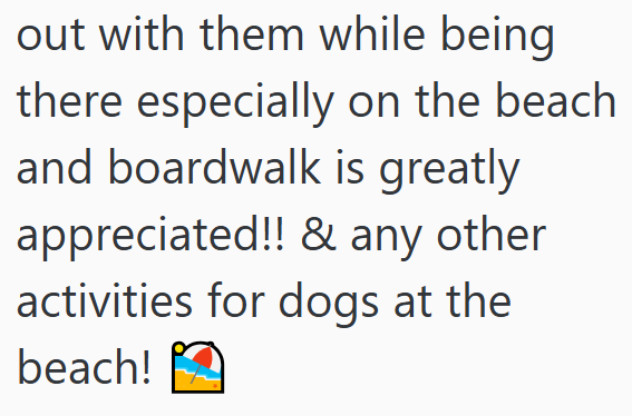 out with them while being there especially on the beach. and boardwalk is greatly appreciated!! & any other activities for dogs at the beach!