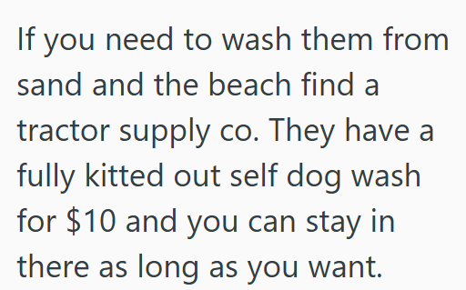 If you need to wash them from sand and the beach find a tractor supply co. They have a fully kitted out self dog wash for $10 and you can stay in there as long as you want.