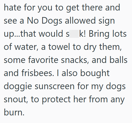 hate for you to get there and see a No Dogs allowed sign up...that would s k! Bring lots of water, a towel to dry them, some favorite snacks, and balls and frisbees. I also bought doggie sunscreen for my dogs snout, to protect her from any burn.