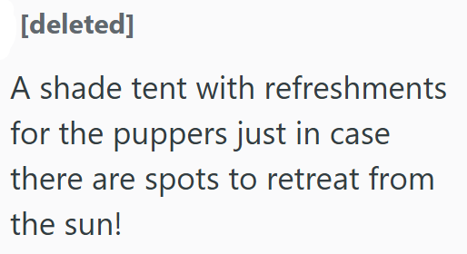 [deleted] A shade tent with refreshments for the puppers just in case there are spots to retreat from the sun!