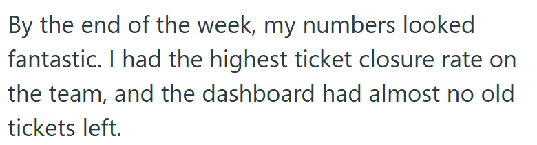 By the end of the week, my numbers looked fantastic. I had the highest ticket closure rate on the team, and the dashboard had almost no old tickets left.