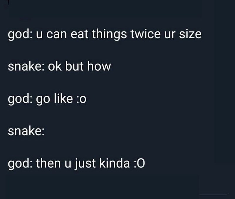 god: u can eat things twice ur size snake: ok but how god: go like :o snake: god: then u just kinda :0