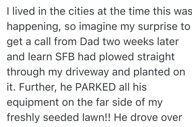 I lived in the cities at the time this was happening, so imagine my surprise to get a call from Dad two weeks later and learn SFB had plowed straight through my driveway and planted on it. Further, he PARKED all his equipment on the far side of my freshly seeded lawn!! He drove over