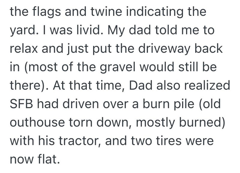 the flags and twine indicating the yard. I was livid. My dad told me to relax and just put the driveway back in (most of the gravel would still be there). At that time, Dad also realized SFB had driven over a burn pile (old outhouse torn down, mostly burned) with his tractor, and two tires were now flat.