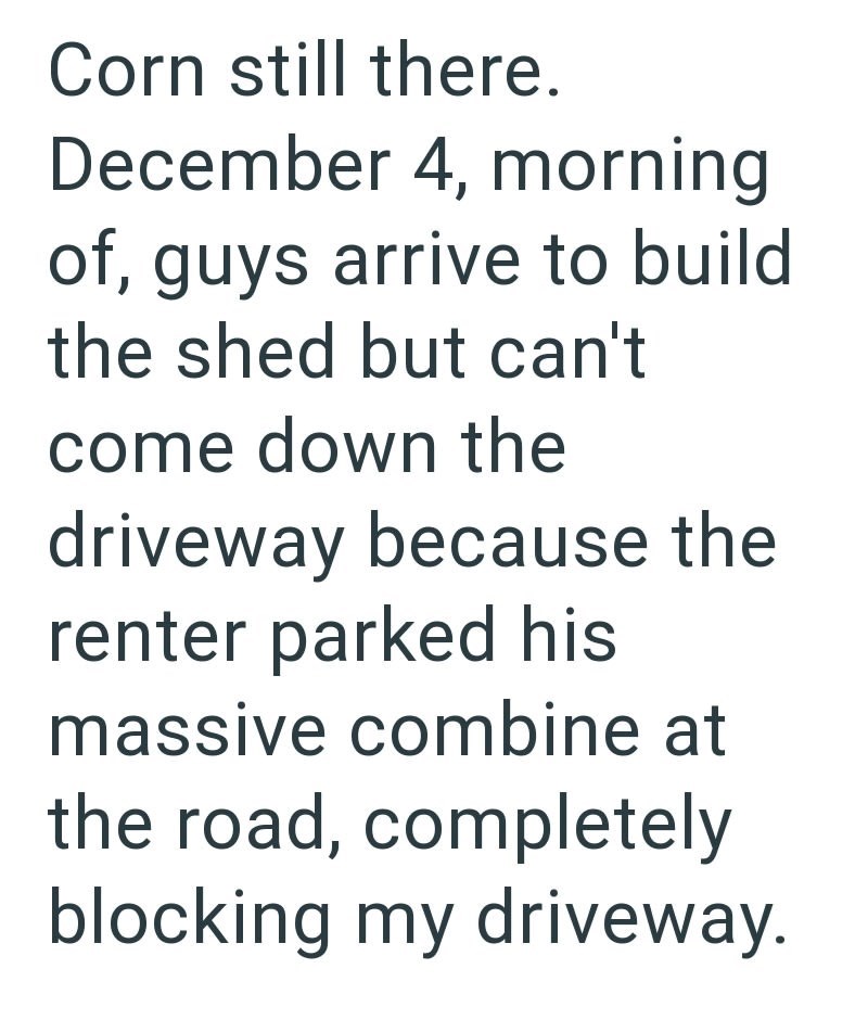 Corn still there. December 4, morning of, guys arrive to build the shed but can't come down the driveway because the renter parked his massive combine at the road, completely blocking my driveway.