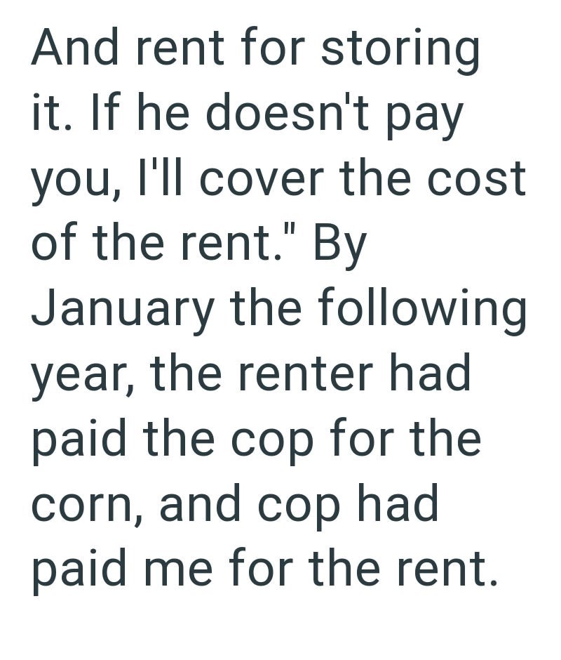 And rent for storing it. If he doesn't pay you, I'll cover the cost of the rent." By January the following year, the renter had paid the cop for the corn, and cop had paid me for the rent.