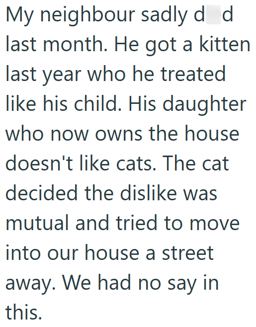 My neighbour sadly d d last month. He got a kitten. last year who he treated like his child. His daughter who now owns the house doesn't like cats. The cat decided the dislike was mutual and tried to move into our house a street away. We had no say in this.