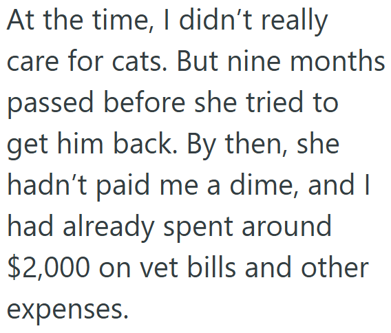 At the time, I didn't really care for cats. But nine months passed before she tried to get him back. By then, she hadn't paid me a dime, and I had already spent around $2,000 on vet bills and other expenses.