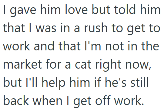 I gave him love but told him that I was in a rush to get to work and that I'm not in the market for a cat right now, but I'll help him if he's still back when I get off work.