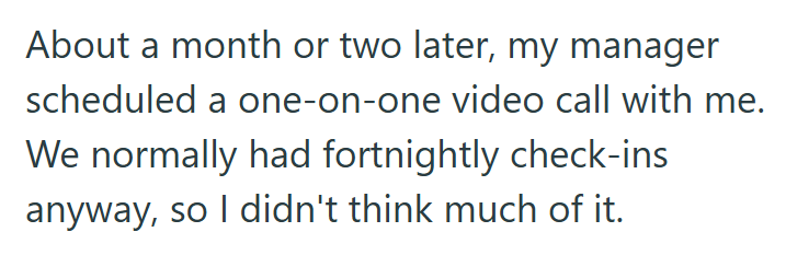 About a month or two later, my manager scheduled a one-on-one video call with me. We normally had fortnightly check-ins anyway, so I didn't think much of it.