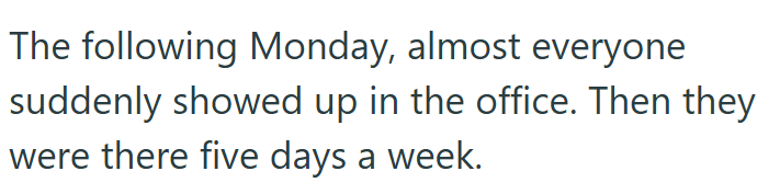 The following Monday, almost everyone suddenly showed up in the office. Then they were there five days a week.