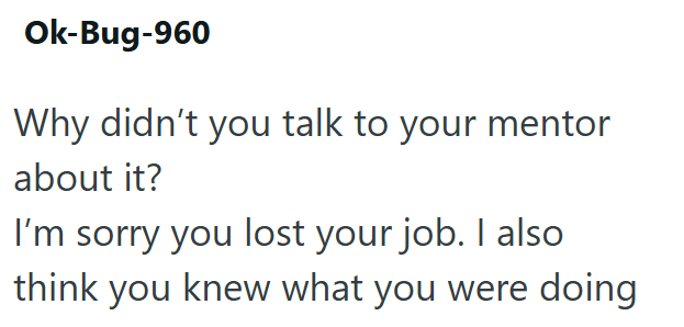 Ok-Bug-960 Why didn't you talk to your mentor about it? I'm sorry you lost your job. I also think you knew what you were doing