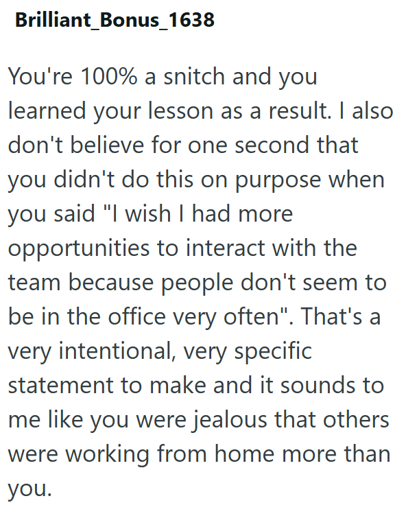 Brilliant Bonus_1638 You're 100% a snitch and you learned your lesson as a result. I also don't believe for one second that you didn't do this on purpose when you said "I wish I had more opportunities to interact with the team because people don't seem to be in the office very often". That's a very intentional, very specific statement to make and it sounds to me like you were jealous that others were working from home more than you.