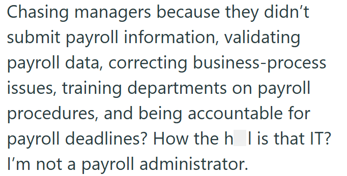 Chasing managers because they didn't submit payroll information, validating payroll data, correcting business-process issues, training departments on payroll procedures, and being accountable for payroll deadlines? How the h | is that IT? I'm not a payroll administrator.