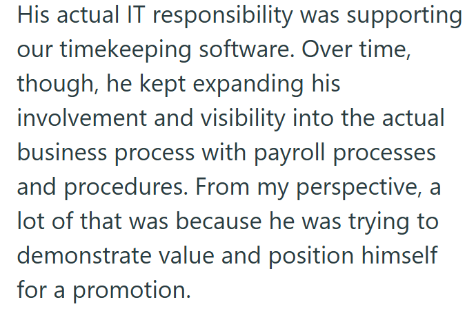 His actual IT responsibility was supporting our timekeeping software. Over time, though, he kept expanding his involvement and visibility into the actual business process with payroll processes and procedures. From my perspective, a lot of that was because he was trying to demonstrate value and position himself for a promotion.