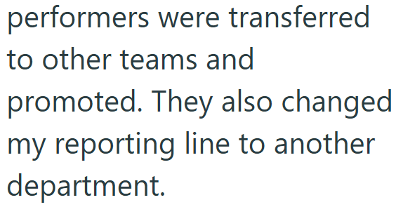 performers were transferred to other teams and promoted. They also changed my reporting line to another department.