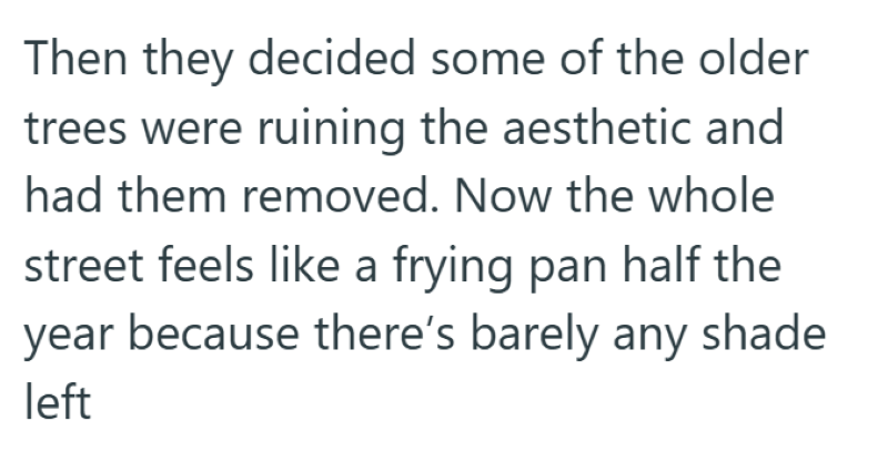 Then they decided some of the older trees were ruining the aesthetic and had them removed. Now the whole street feels like a frying pan half the year because there's barely any shade left