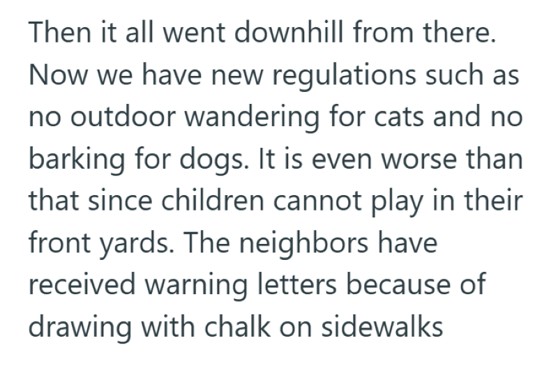 Then it all went downhill from there. Now we have new regulations such as no outdoor wandering for cats and no barking for dogs. It is even worse than that since children cannot play in their front yards. The neighbors have received warning letters because of drawing with chalk on sidewalks.
