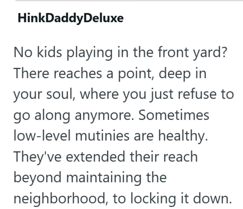 HinkDaddyDeluxe No kids playing in the front yard? There reaches a point, deep in your soul, where you just refuse to go along anymore. Sometimes low-level mutinies are healthy. They've extended their reach beyond maintaining the neighborhood, to locking it down.