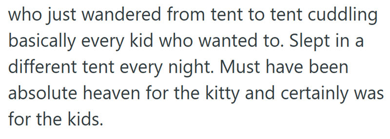 who just wandered from tent to tent cuddling basically every kid who wanted to. Slept in a different tent every night. Must have been absolute heaven for the kitty and certainly was for the kids.