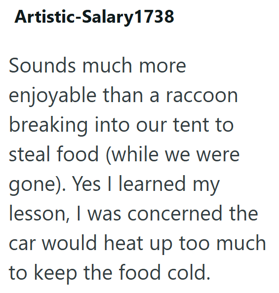 Artistic-Salary1738 Sounds much more enjoyable than a raccoon breaking into our tent to steal food (while we were gone). Yes I learned my lesson, I was concerned the car would heat up too much. to keep the food cold.