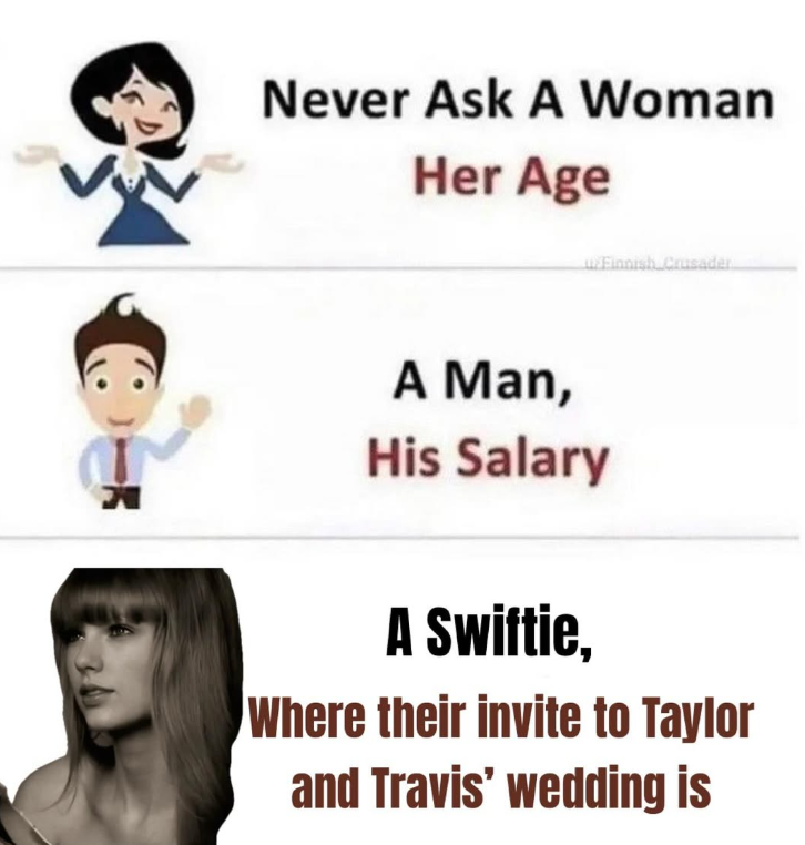 Never Ask A Woman Her Age Finnish Crusader A Man, His Salary A Swiftie, Where their invite to Taylor and Travis' wedding is