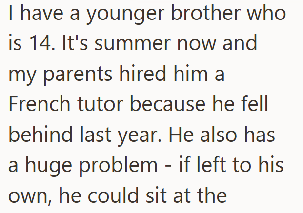 I have a younger brother who is 14. It's summer now and my parents hired him a French tutor because he fell behind last year. He also has a huge problem - if left to his own, he could sit at the