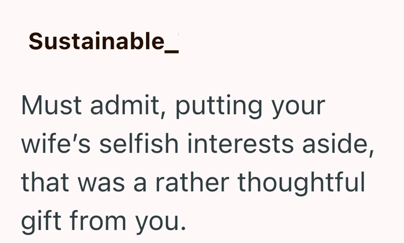 Sustainable_ Must admit, putting your wife's selfish interests aside, that was a rather thoughtful gift from you.