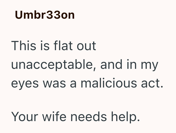 Umbr33on This is flat out unacceptable, and in my eyes was a malicious act. Your wife needs help.