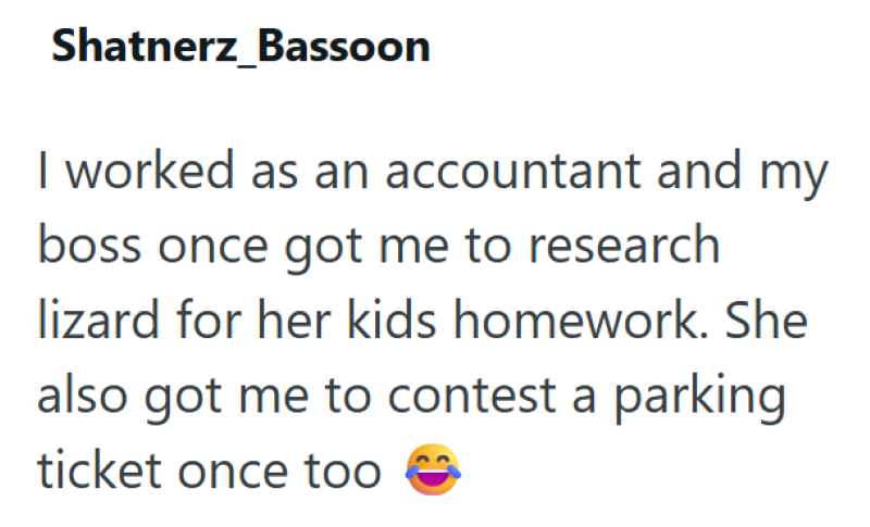 Shatnerz_Bassoon I worked as an accountant and my boss once got me to research lizard for her kids homework. She also got me to contest a parking ticket once too