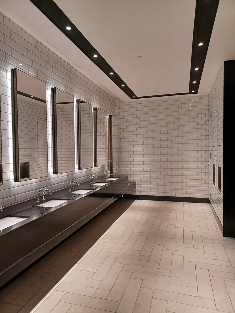 A row of clean bathroom stalls at a business office.