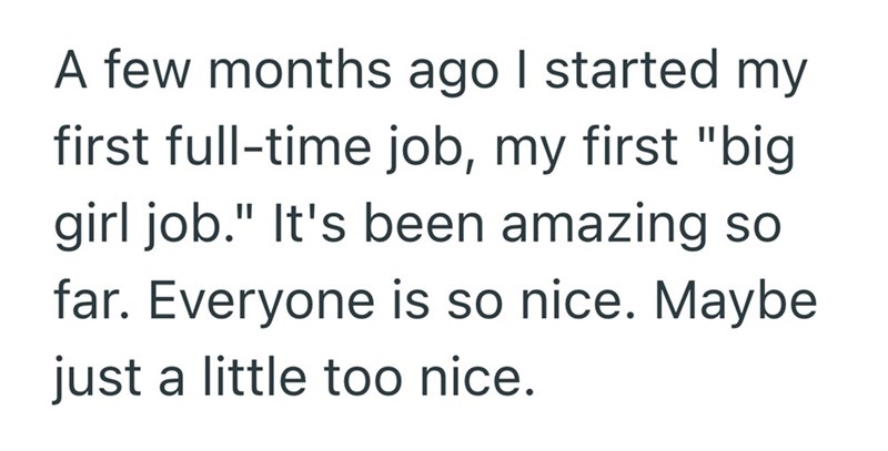 A few months ago I started my first full-time job, my first "big girl job." It's been amazing so far. Everyone is so nice. Maybe just a little too nice.