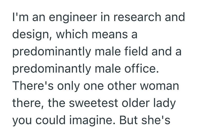 I'm an engineer in research and design, which means a predominantly male field and a predominantly male office. There's only one other woman there, the sweetest older lady you could imagine. But she's