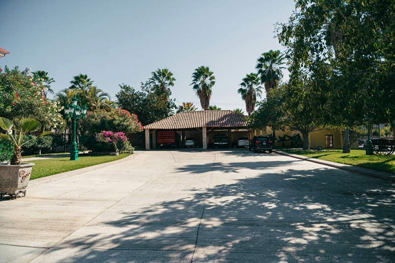 A long, wide driveway, where two cars could easily park, albeit one more in the shade than another. 
