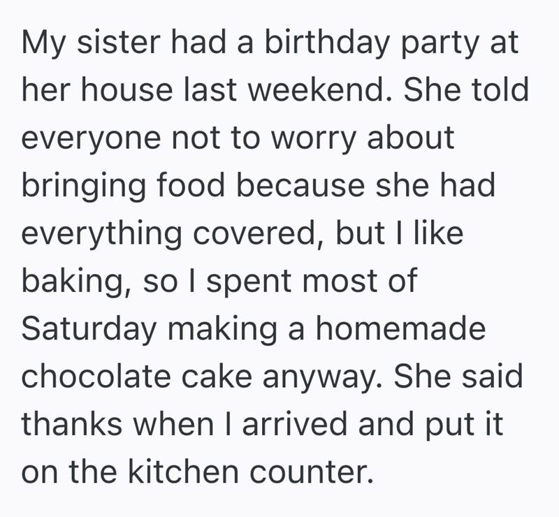 My sister had a birthday party at her house last weekend. She told everyone not to worry about bringing food because she had everything covered, but I like baking, so I spent most of Saturday making a homemade chocolate cake anyway. She said thanks when I arrived and put it on the kitchen counter.
