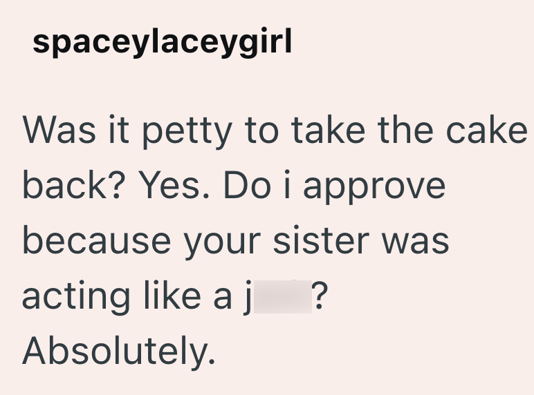 spaceylaceygirl Was it petty to take the cake back? Yes. Do i approve because your sister was acting like a j ? Absolutely.