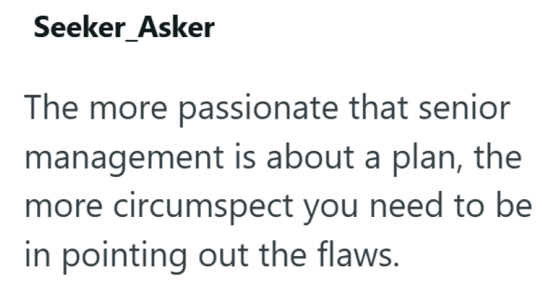 Seeker Asker The more passionate that senior management is about a plan, the more circumspect you need to be in pointing out the flaws.