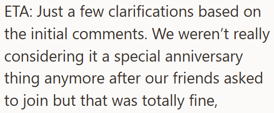 ETA: Just a few clarifications based on the initial comments. We weren't really considering it a special anniversary thing anymore after our friends asked to join but that was totally fine,