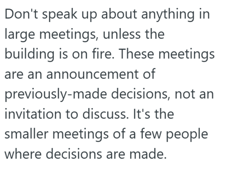 Don't speak up about anything in large meetings, unless the building is on fire. These meetings are an announcement of previously-made decisions, not an invitation to discuss. It's the smaller meetings of a few people where decisions are made.