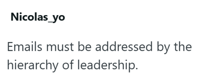 Nicolas_yo Emails must be addressed by the hierarchy of leadership.