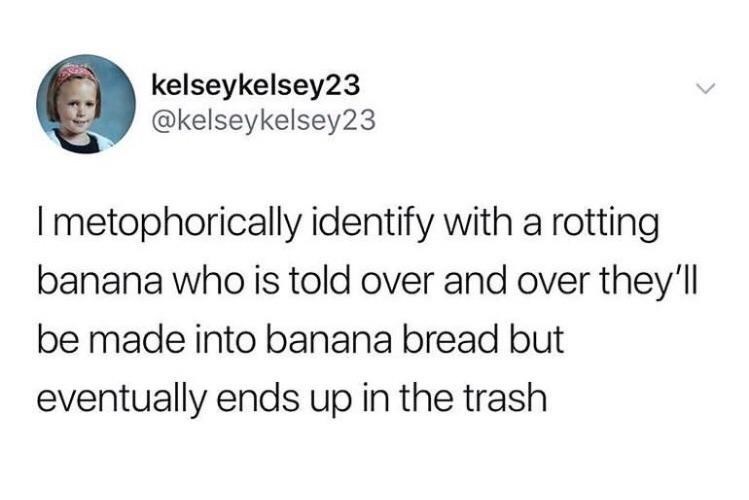 kelseykelsey23 @kelseykelsey23 I metophorically identify with a rotting banana who is told over and over they'll be made into banana bread but eventually ends up in the trash