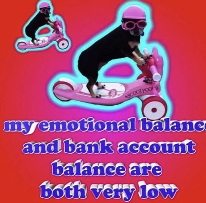 SCOOTPOO my emotional balanc and bank account balance are both very low