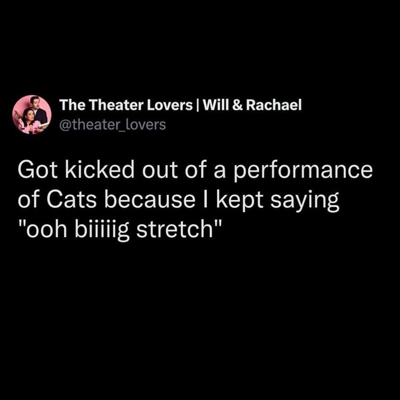 The Theater Lovers | Will & Rachael @theater_lovers Got kicked out of a performance of Cats because I kept saying "ooh biiiiig stretch"
