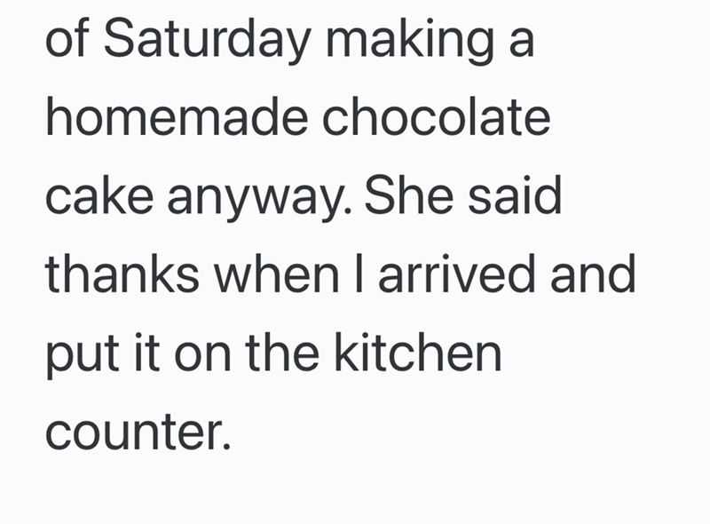 of Saturday making a homemade chocolate cake anyway. She said thanks when I arrived and put it on the kitchen counter.