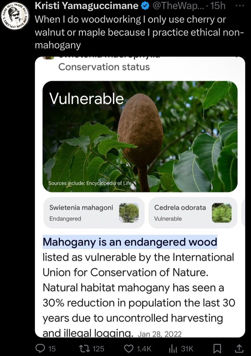 AISE HEL PRAISE DALE NMOO N Kristi Yamaguccimane @TheWap....15h When I do woodworking I only use cherry or 000 walnut or maple because I practice ethical non- mahogany Conservation status Vulnerable Sources include: Encyclopedia of Life Swietenia mahagoni Endangered Cedrela odorata Vulnerable Mahogany is an endangered wood listed as vulnerable by the International Union for Conservation of Nature. Natural habitat mahogany has seen a 30% reduction in population the last 30 years due to uncontroll