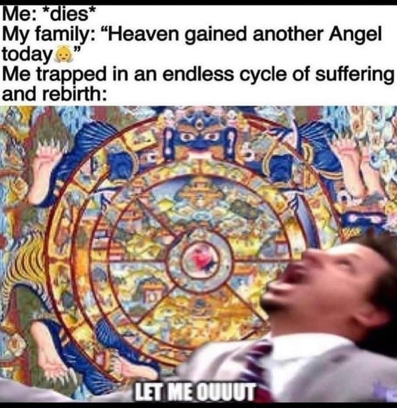 Me: *dies* My family: "Heaven gained another Angel today' Me trapped in an endless cycle of suffering and rebirth: LET ME QUUUT